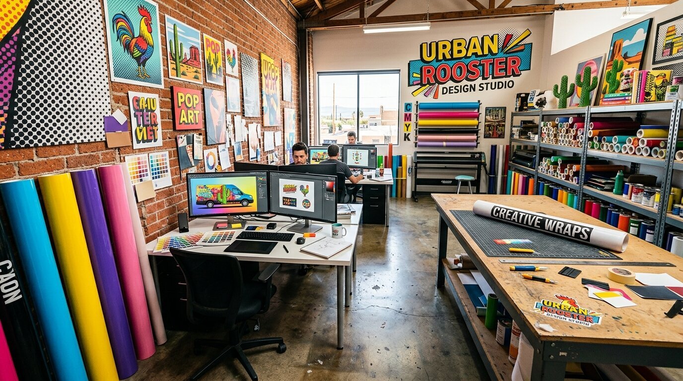 Urban Rooster's studio workspace at The Coop in Tempe, AZ — design, print, and production