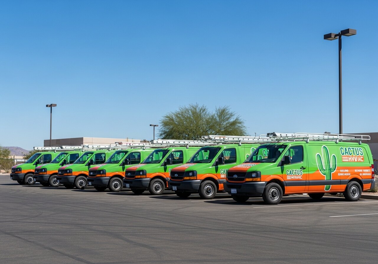 Multiple wrapped fleet vehicles at a commercial site