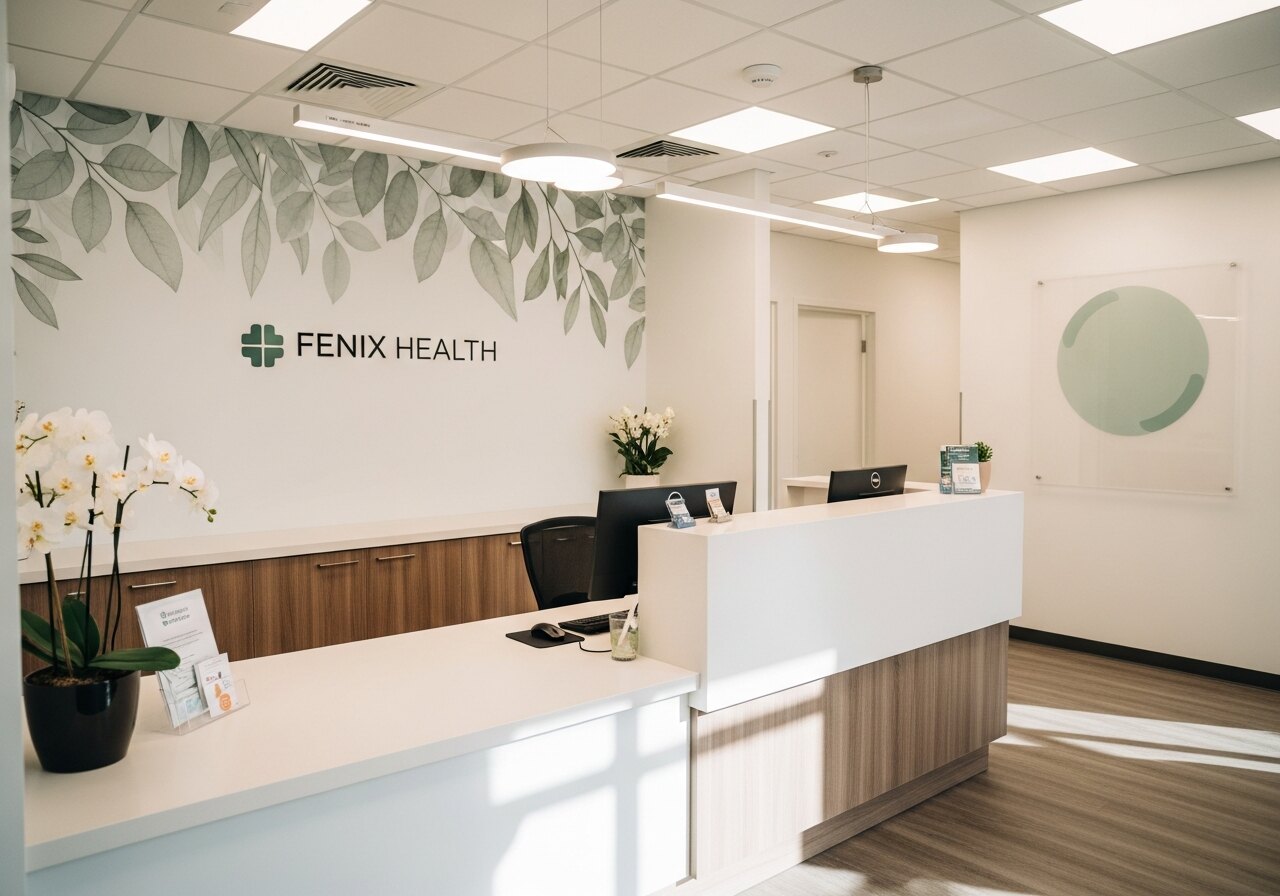Office reception area with brand wallpaper