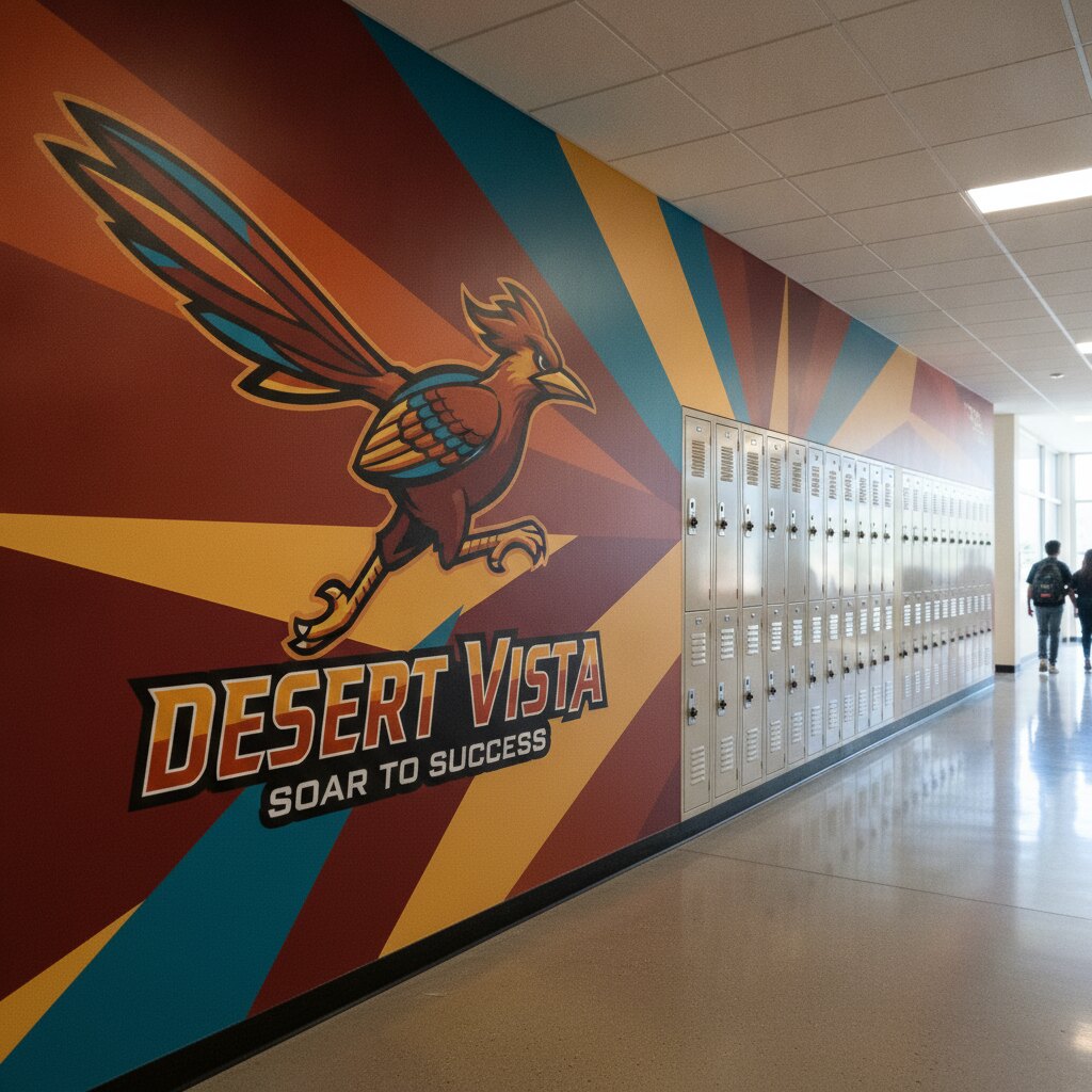 School hallway with educational wall graphics