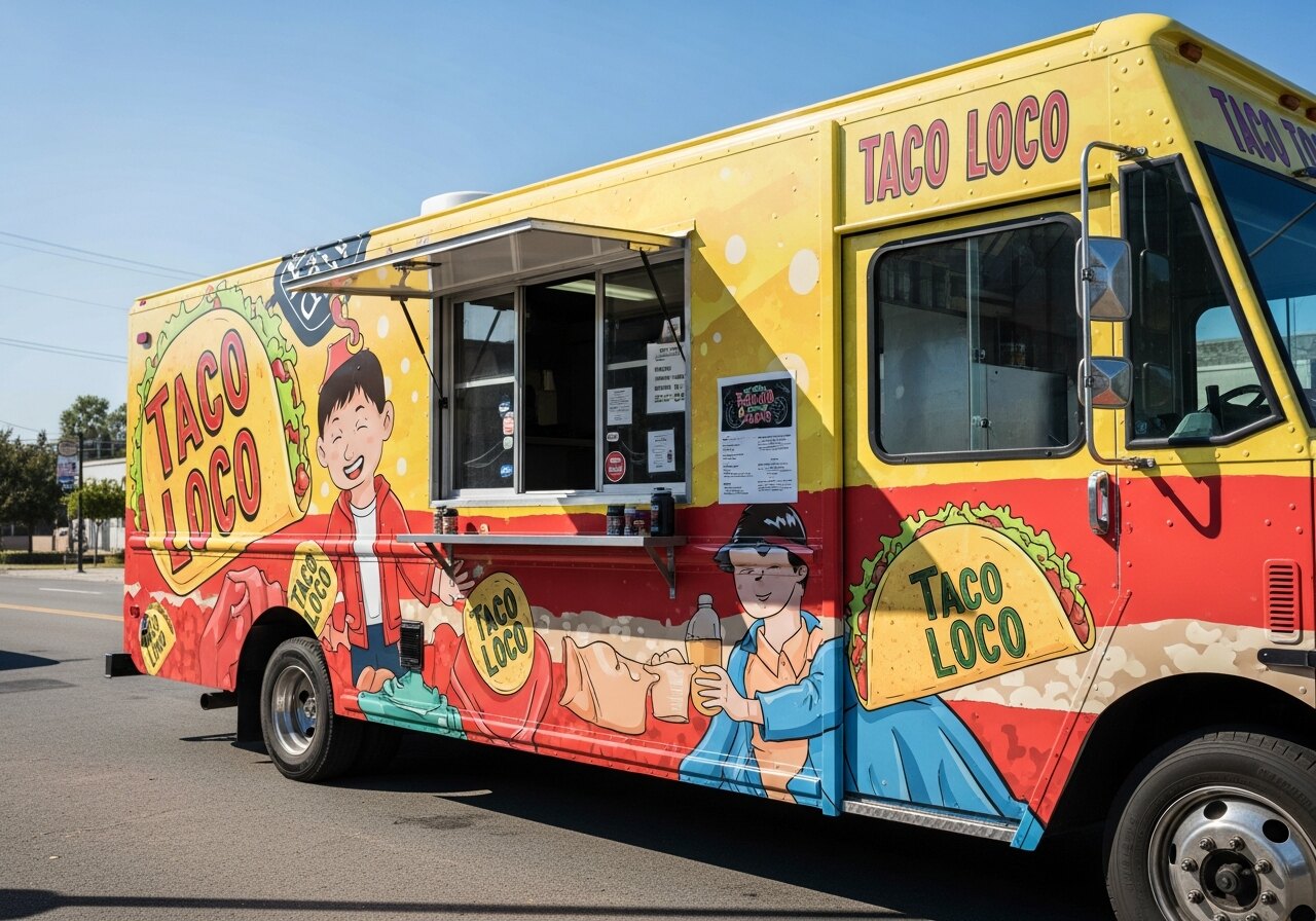 Food truck with full vehicle wrap and bright graphics