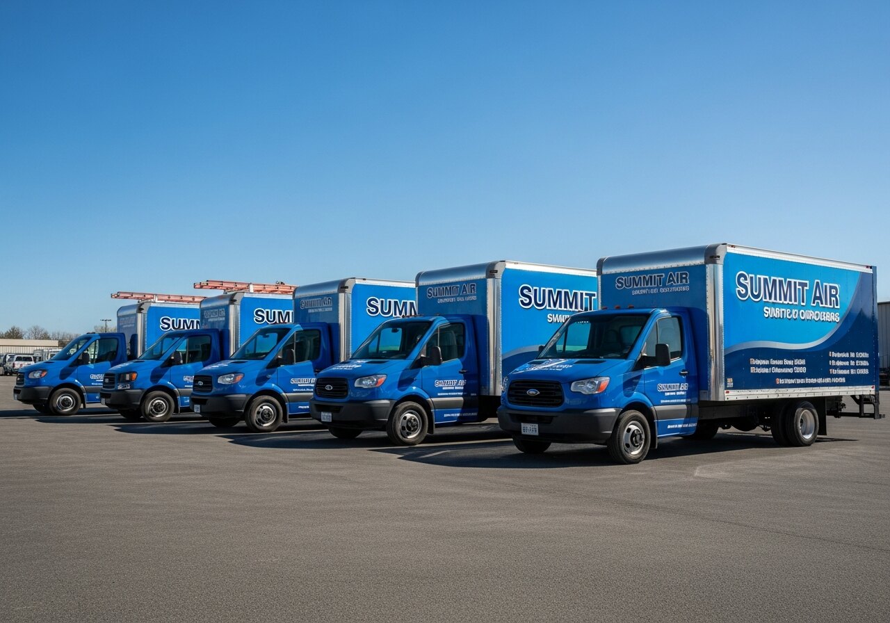 Fleet of wrapped HVAC trucks at commercial yard