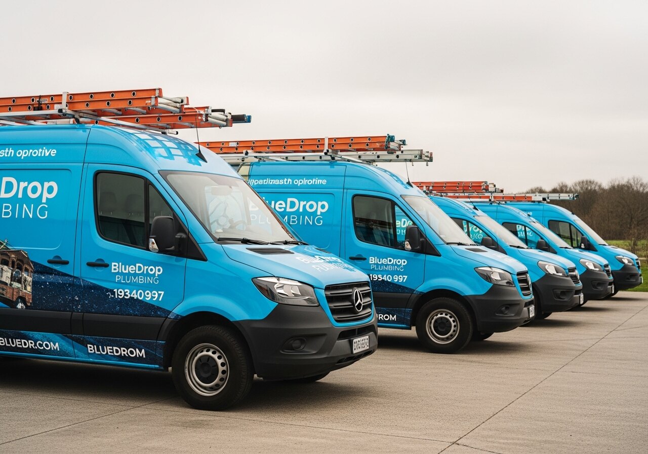 Plumbing fleet vehicles lined up at install site