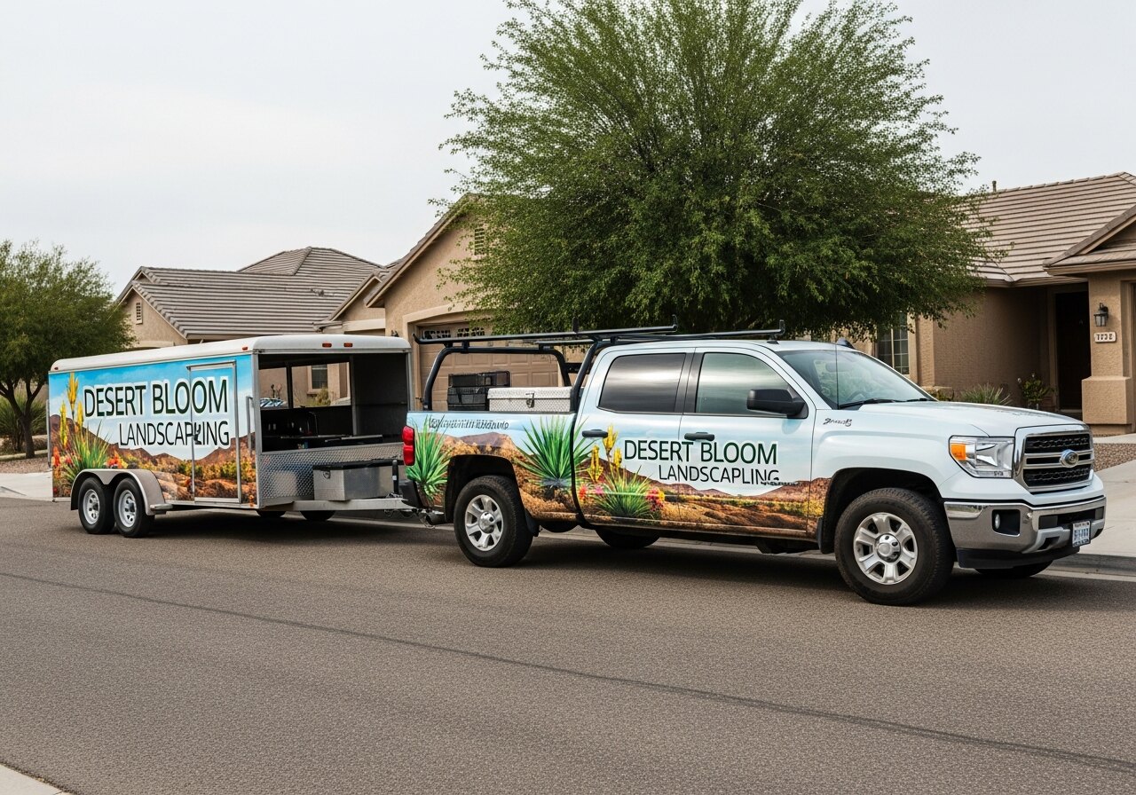 Landscaping truck and trailer with full wrap
