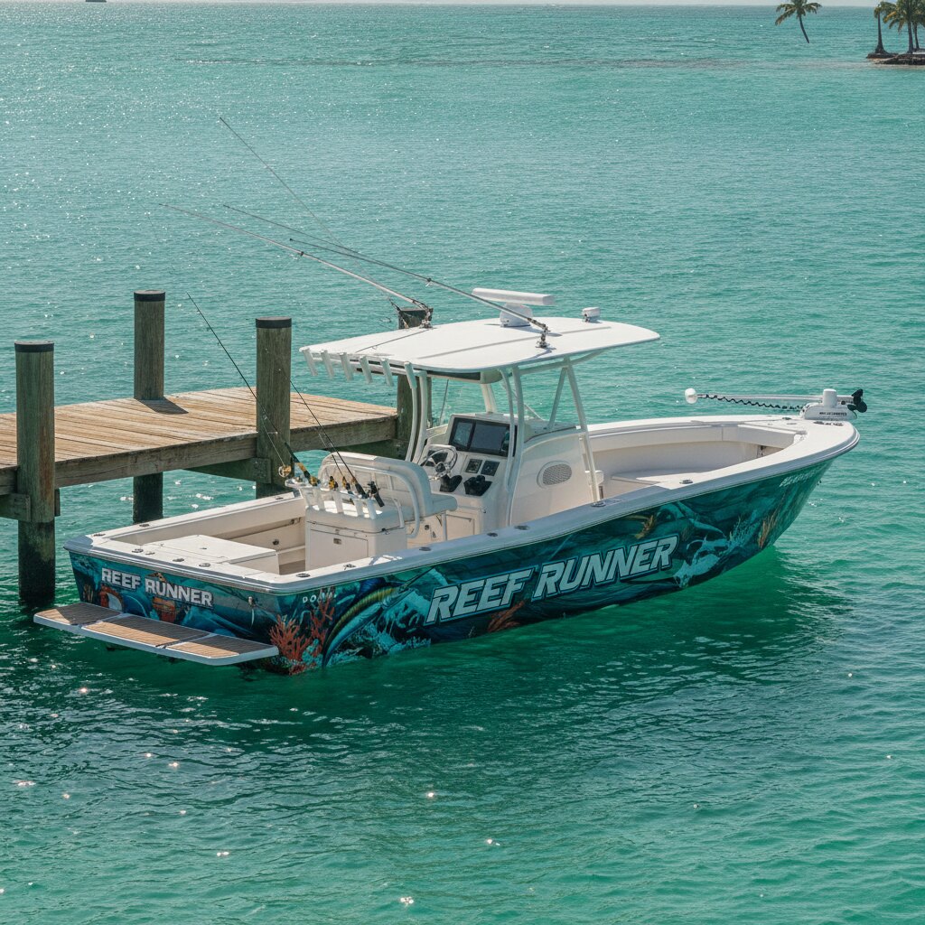 Fishing boat with full vinyl wrap