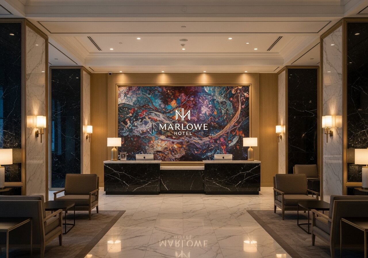 Hotel lobby with grand custom wall wrap and immersive brand mural design