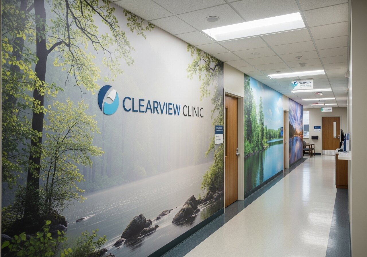 Medical office with calming nature-themed wall graphics and professional branding