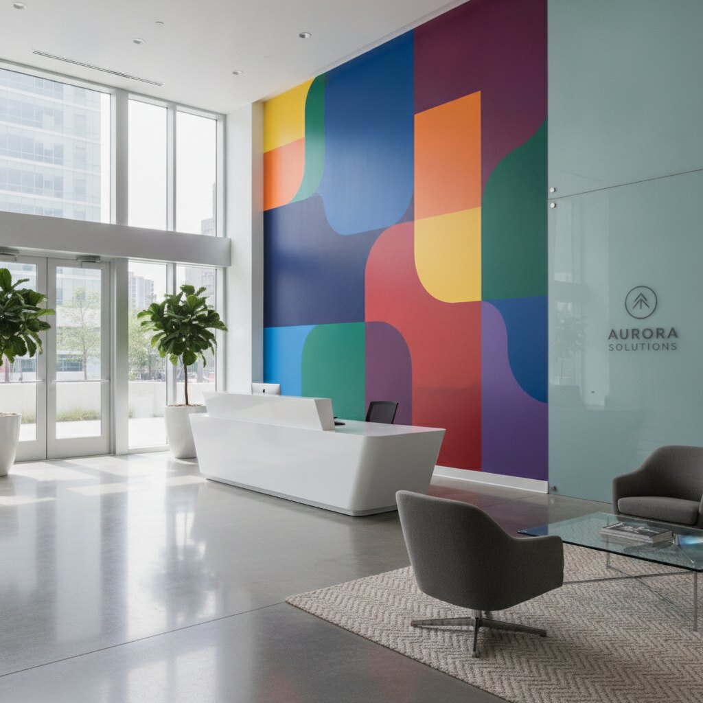 A commercial office lobby with a vibrant custom wall wrap installation, bright CMYK pop art design by Urban Rooster
