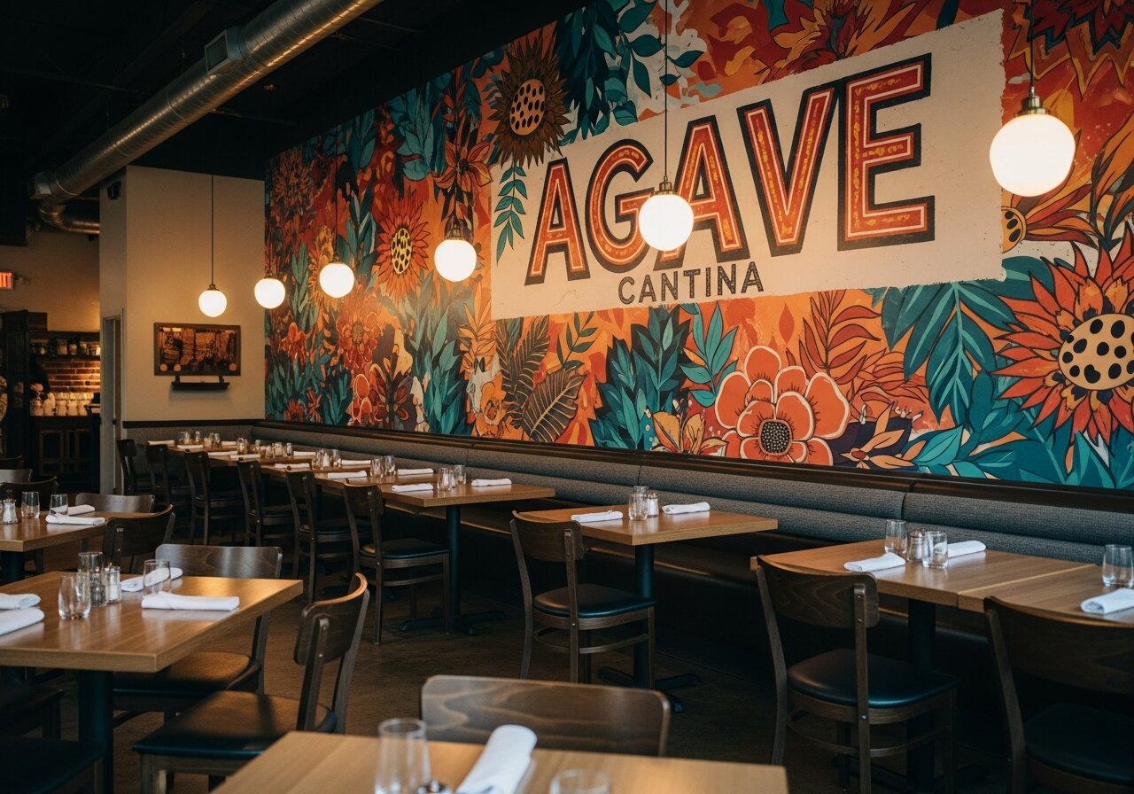 Restaurant interior with vibrant custom wall mural and full-bleed brand graphics