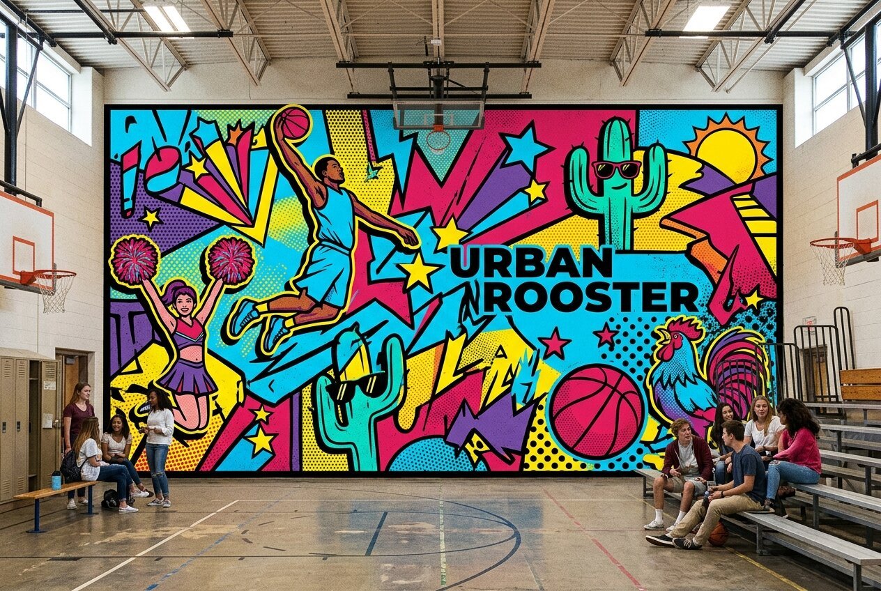 School gym with full-wall mural and team branding